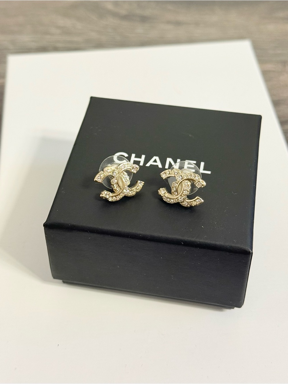 CHANEL Gold CC Crystal Logo Stud Earrings
